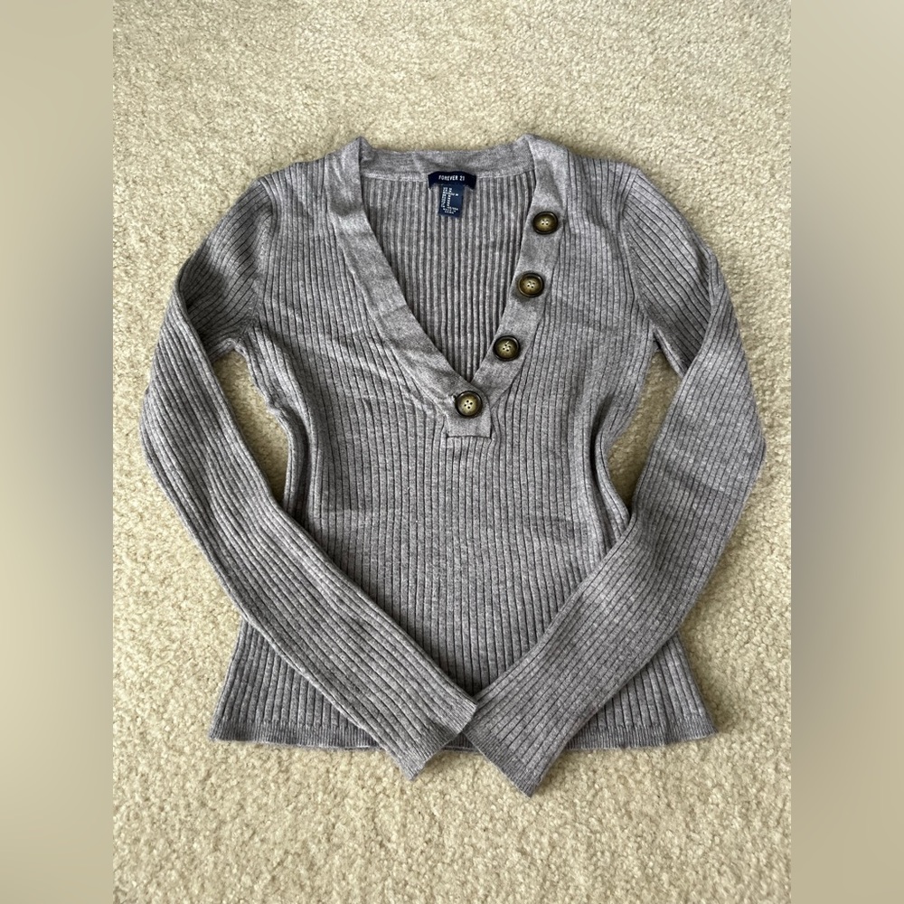 Forever 21 - Button-Up Sweater, Gray, V-Neck, Rib-Knit, Preppy, Coquette